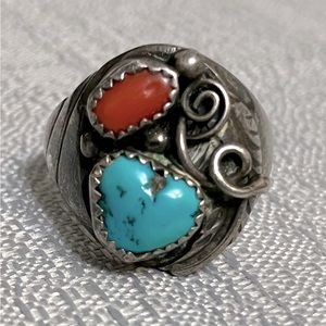 Vintage Unisex Navajo Old Pawn Turquoise Coral Sterling Silver Ring Sz 11